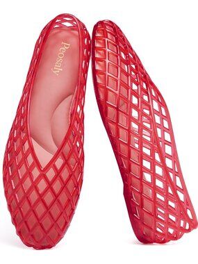 Women's Red Comfortable Slip On Pointed Toe Jelly Flats Casual Shoes